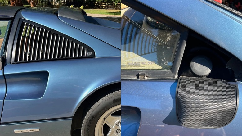 On the left, the hidden slotted window of a Ferrari 308. On the right, what's behind the slotted window, the gas cap.