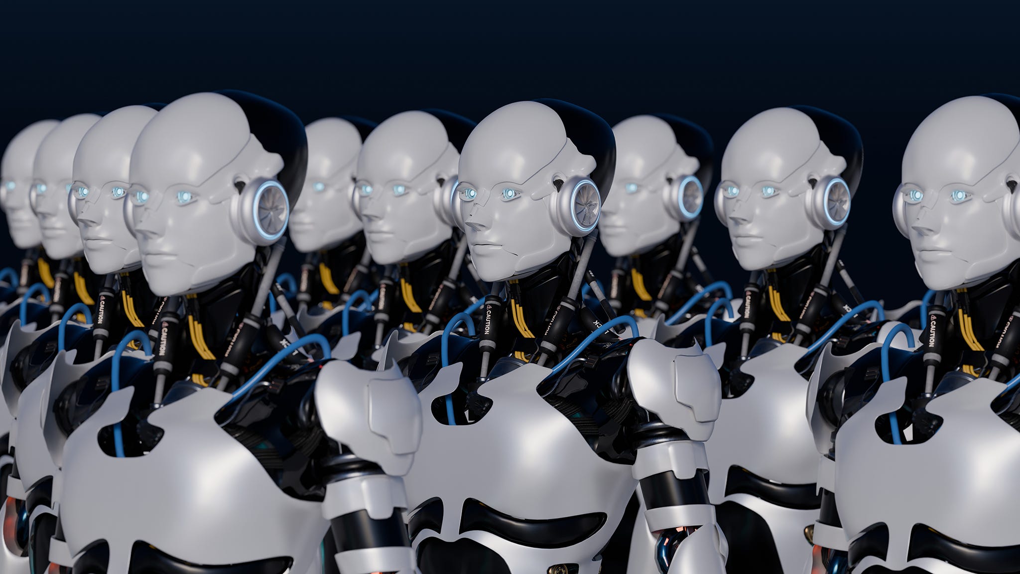 Render of a group of humanoid AI robots in rows and lines