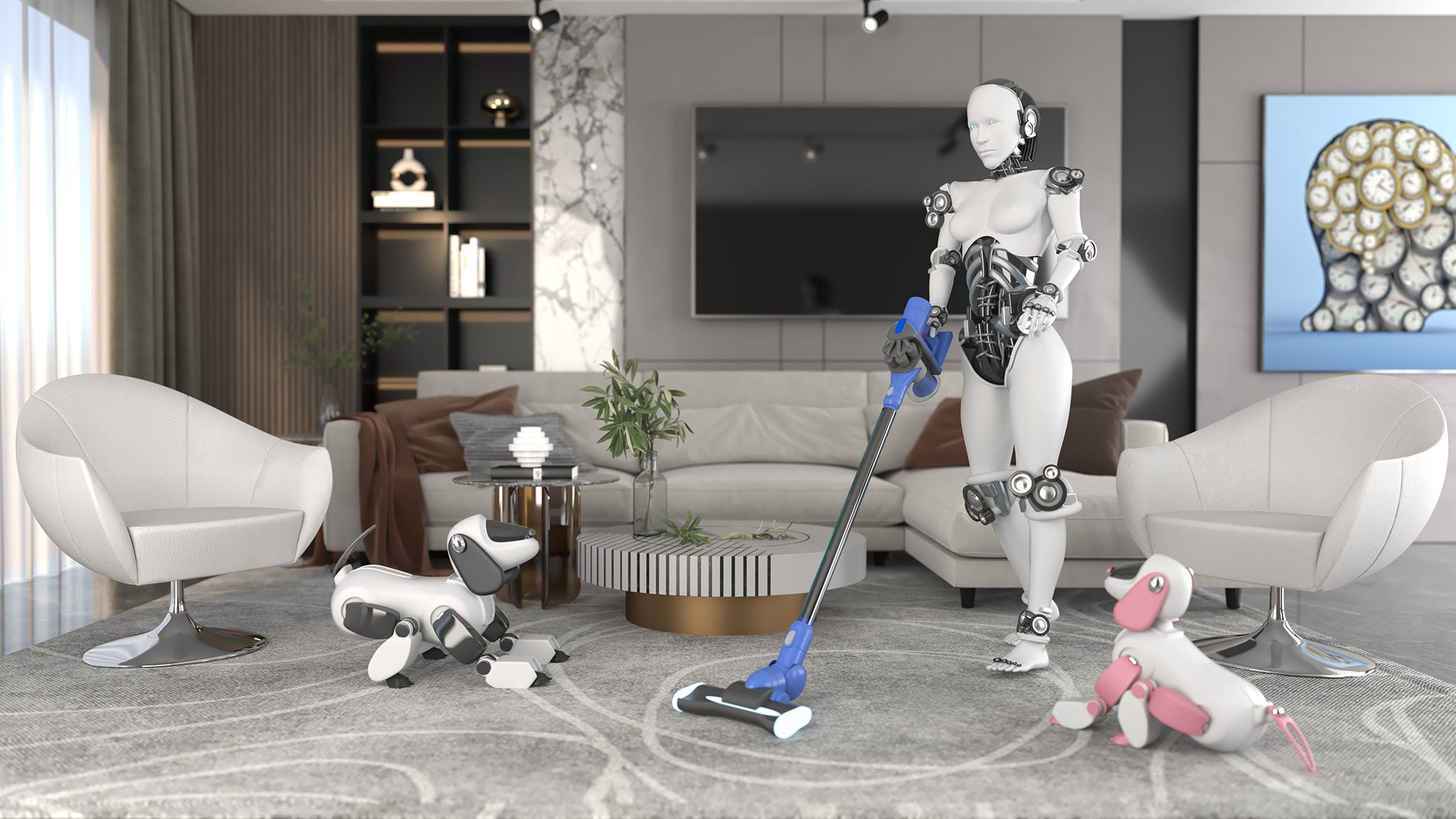 Female humanoid robot working in the living room, cleaning the house using a vacuum cleaner. Conceptual 3D CGI high-tech robots doing housework
