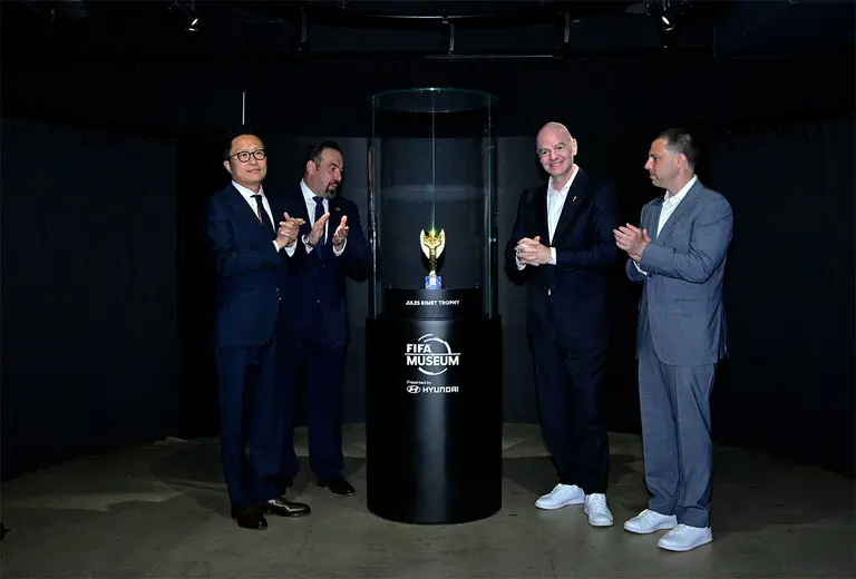 (From left) Ji Sung-won, Executive Vice President and Head of Hyundai Motor's Brand Marketing Division; Marco Fazzone, Director of the FIFA Museum; FIFA President Gianni Infantino; and Alex Lasry, CEO of the New York New Jersey World Cup Host Committee, attending the unveiling of the Jules Rimet Cup, the first World Cup trophy, at the FIFA Museum opening ceremony