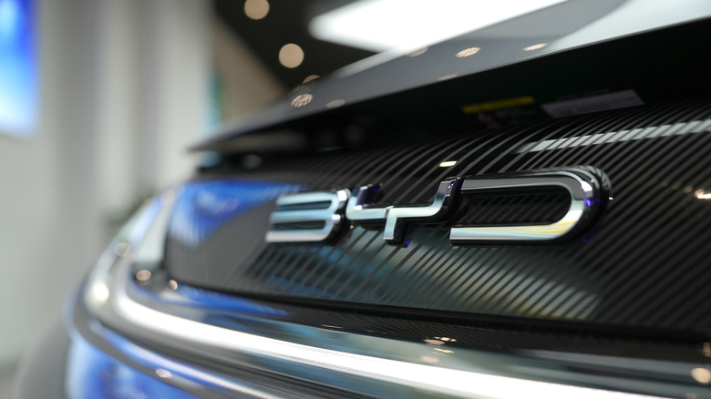 A close-up of a BYD badge on a gray BYD electric car