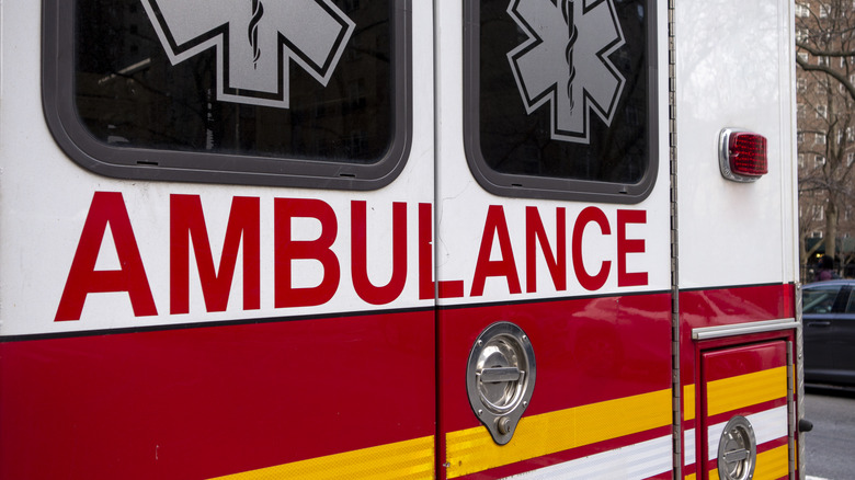A close-up of the back of an ambulance.