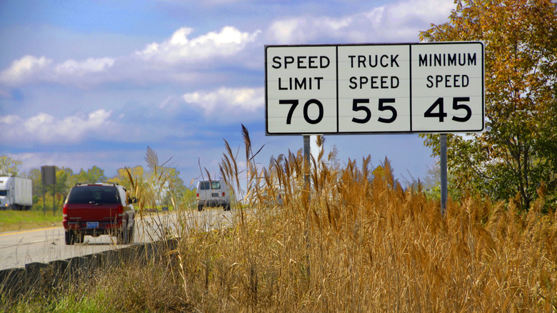 Speed limit signs on highway, including one for minimum speed, planted in some dense overgrowth