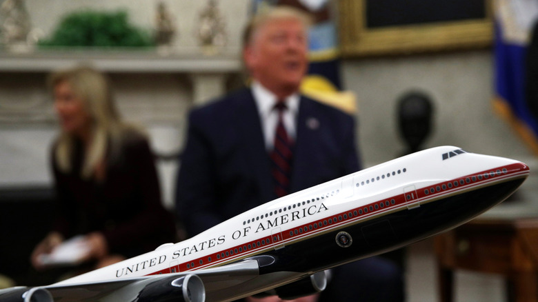 A model of the proposed paint scheme of the next generation of Air Force One is on display during a meeting between U.S. President Donald Trump and President Sergio Mattarella of Italy in the Oval Office of the White House October 16, 2019 in Washington, DC.