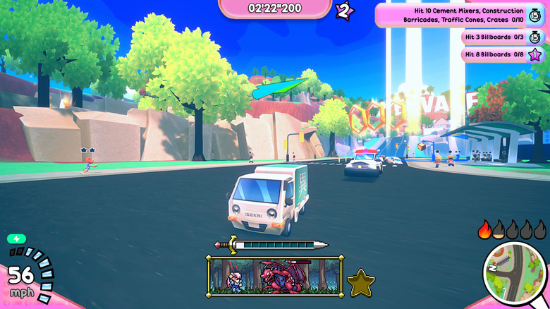 Video game screenshot of a kei truck driving through a city, with a pixel art fantasy battle happening in the bottom