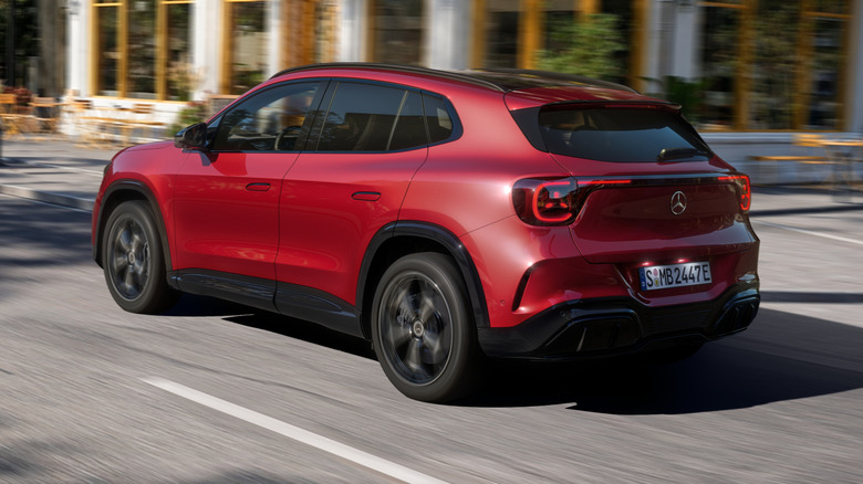 Rear 3/4 view of a red 2028 Mercedes-Benz GLA