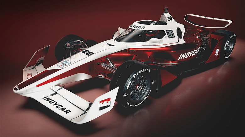 A render of a red-and-white 2028 Dallara IR-28 IndyCar