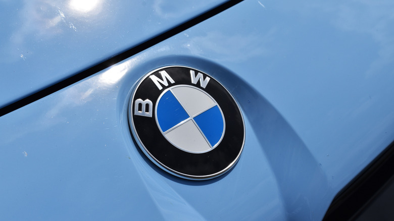 Huizen, the Netherlands - July 6, 2024: close up shot of the BMW logo on a blue 2024 BMW M2 coupe