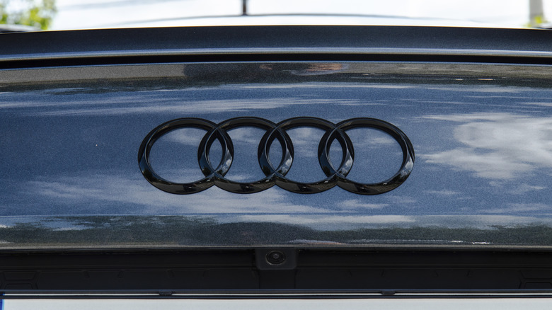 August 30, 2021, Seoul, South Korea - The black Audi logo is seen on the trunk of an Audi R8 sports car. The Audi R8 is a mid-engine, 2-seater sports car, which uses Audi's trademark quattro permanent all-wheel drive system.