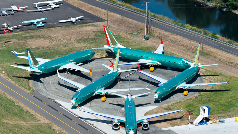 Five freshly manufactured Boeing 737 Max aircraft parked at the company's airport in Renton, Washington