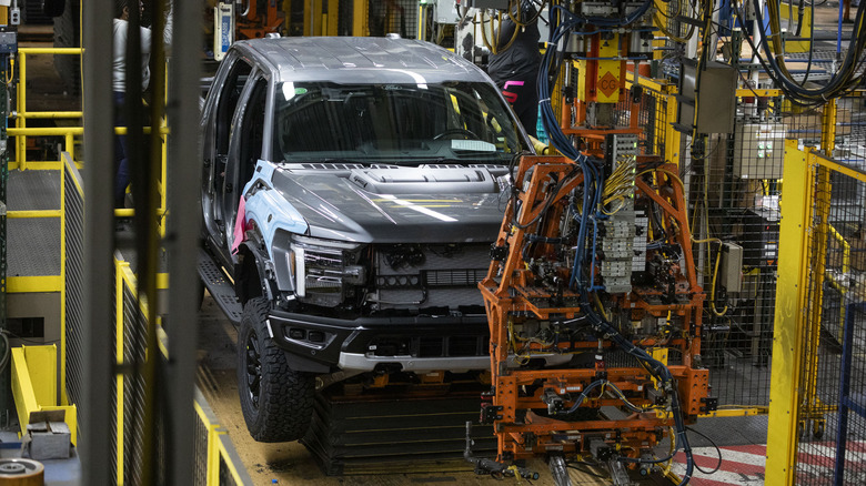 The new Ford F-150 truck goes through the assembly line at the Ford Dearborn Plant on April 11, 2024 in Dearborn, Michigan.