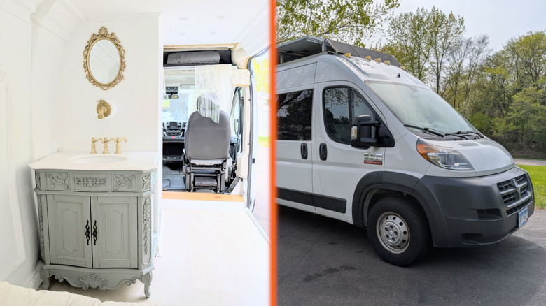 Split image of an ornate gold-adorned bathroom and a van