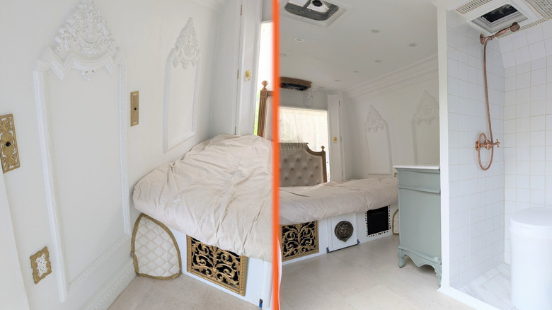 Split image of an ornate gold-adorned bedroom and an ornate gold-adorned bathroom
