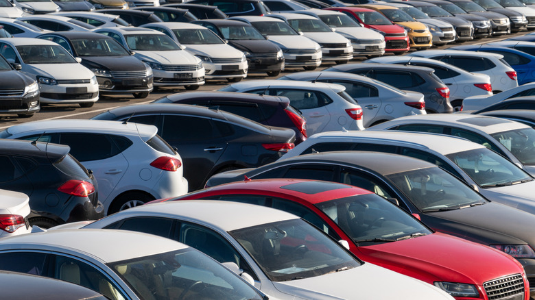 A parking lot is shown very full.