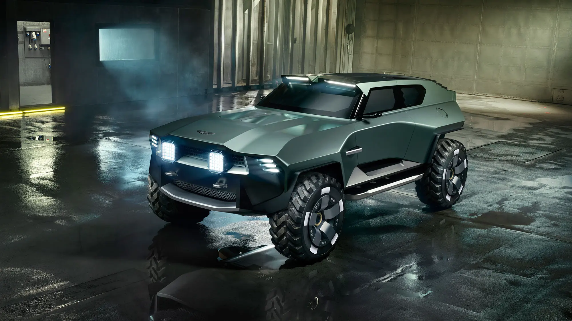 Aston Martin Dreadnought: front three quarter static, green paint, high angle